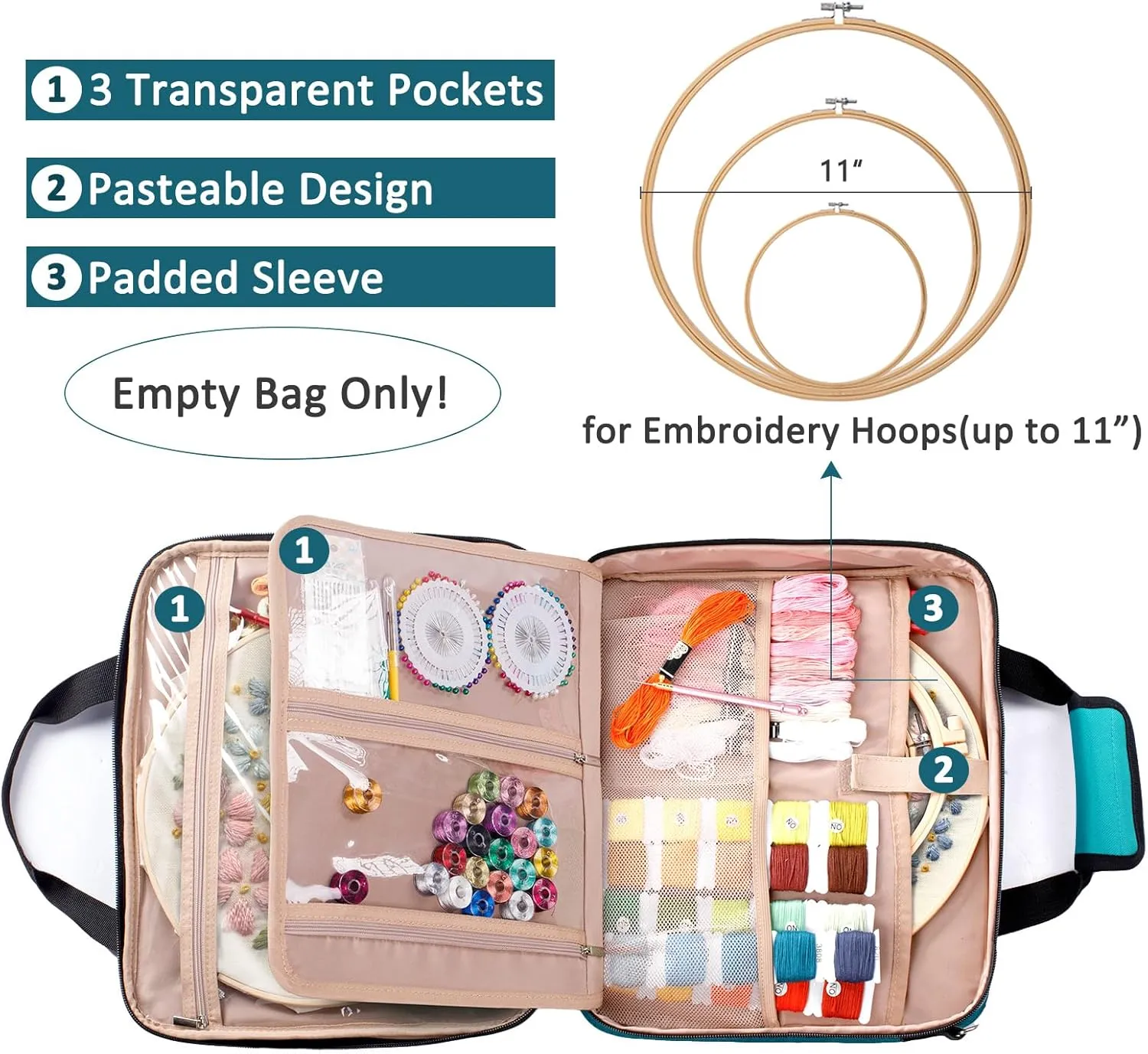 | Large Embroidery Bag - Embroidery Project Bag -Cross Stitch Supplies Organizer - Embroidery Kits Bag - Embroidery Storage Bag - Embroidery Organizer for Floss, Loops (Bag Only)
