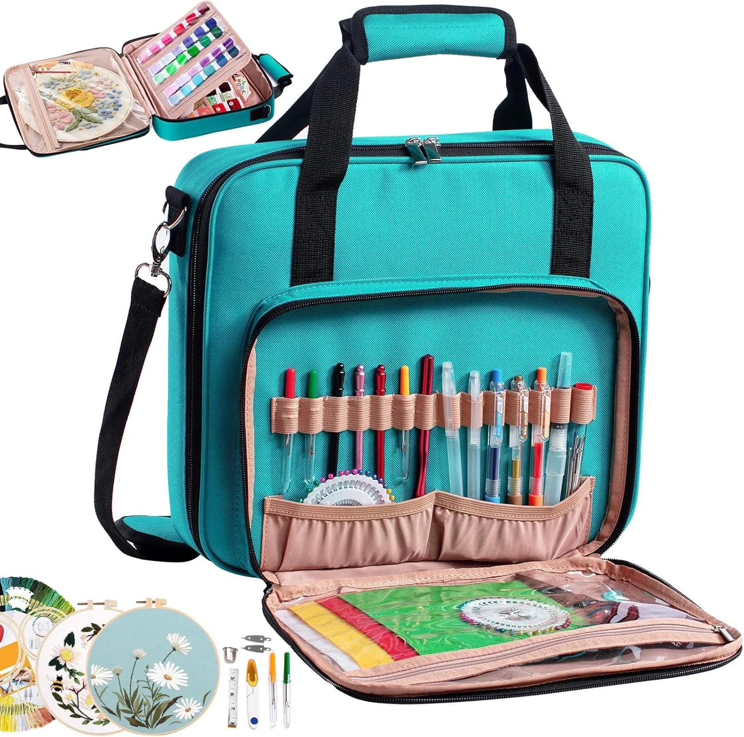 | Large Embroidery Bag - Embroidery Project Bag -Cross Stitch Supplies Organizer - Embroidery Kits Bag - Embroidery Storage Bag - Embroidery Organizer for Floss, Loops (Bag Only)