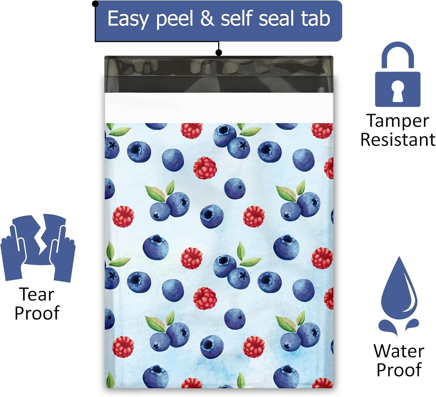 10x13 (100) Blueberries and Raspberries Designer Poly Mailers Waterproof Self Sealing Tear Resistant Polymailers Shipping Envelopes Premium Printed Bags For Small Businesses