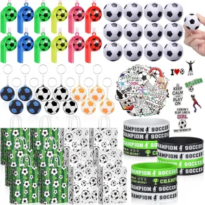 110 Pcs Soccer Party Favors Set Including Soccer Party Favor Bags Soccer Stress Balls Soccer Toy Whistle Soccer Stickers Soccer Silicone Wristbands Soccer Keychains for Soccer Birthday Party Supplies