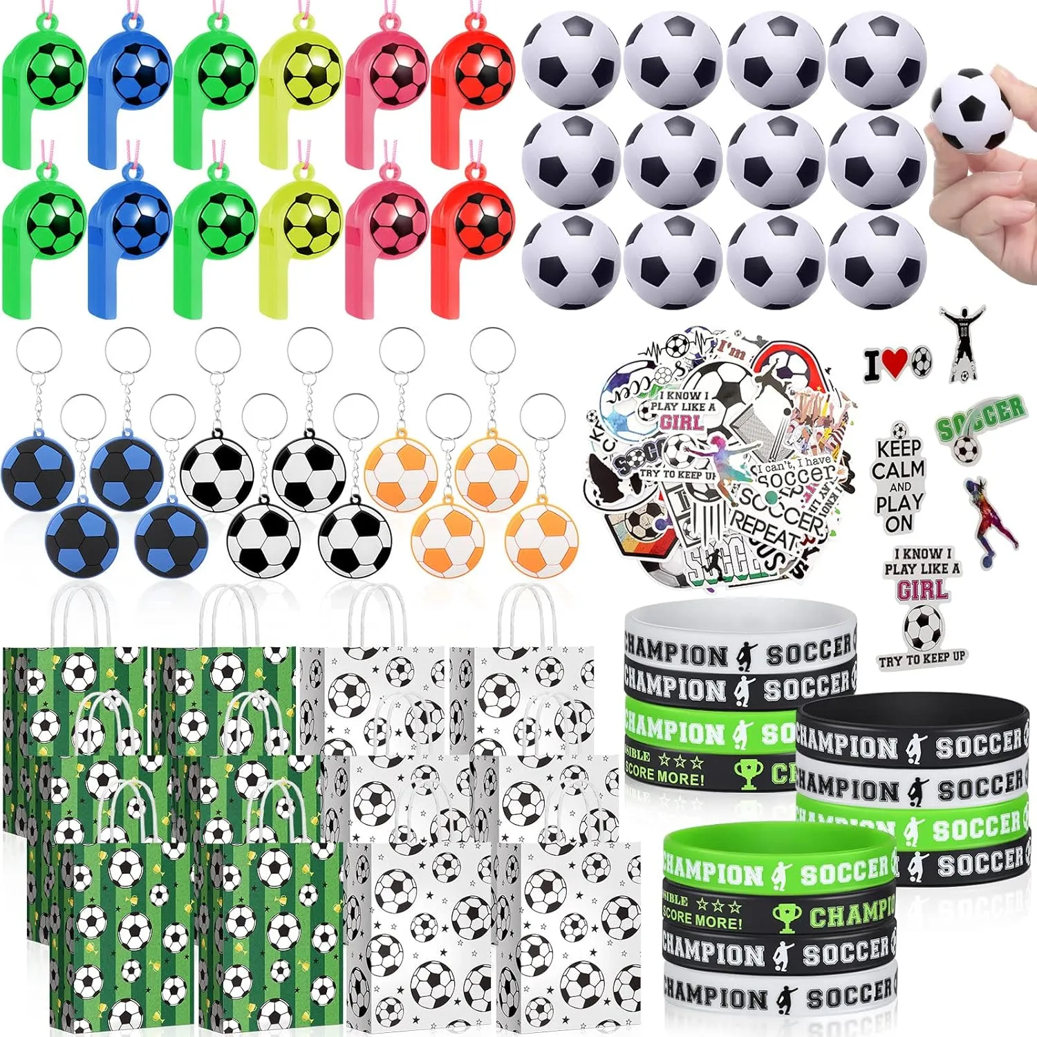110 Pcs Soccer Party Favors Set Including Soccer Party Favor Bags Soccer Stress Balls Soccer Toy Whistle Soccer Stickers Soccer Silicone Wristbands Soccer Keychains for Soccer Birthday Party Supplies