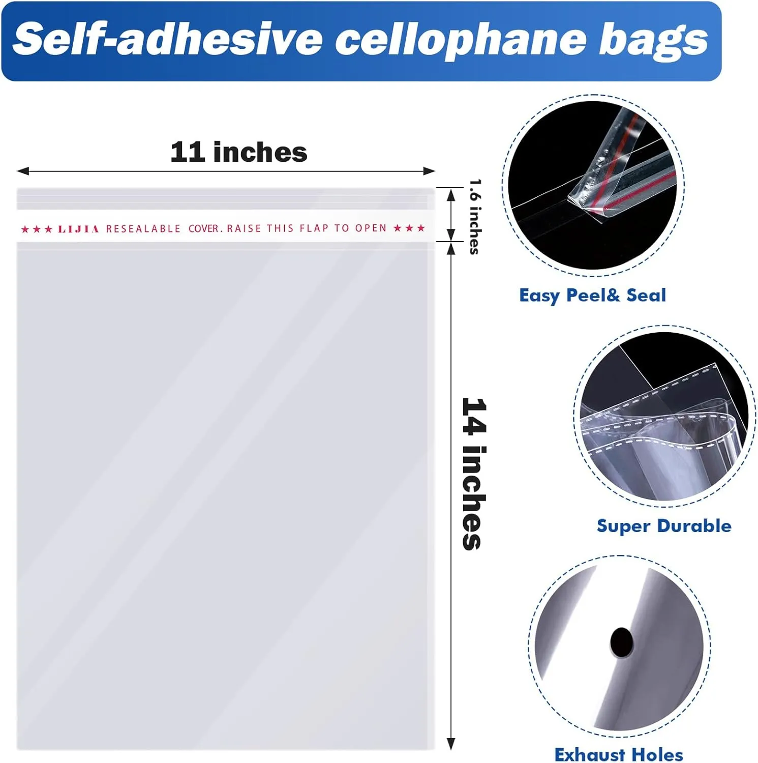 11x14 inches Large Clear Resealable Cellophane Bags for Packaging Products 500ct Plastic Self-sealing Gift Bags Self Adhesive for Gifts,Clothes, Small Business, Thank you Stickers