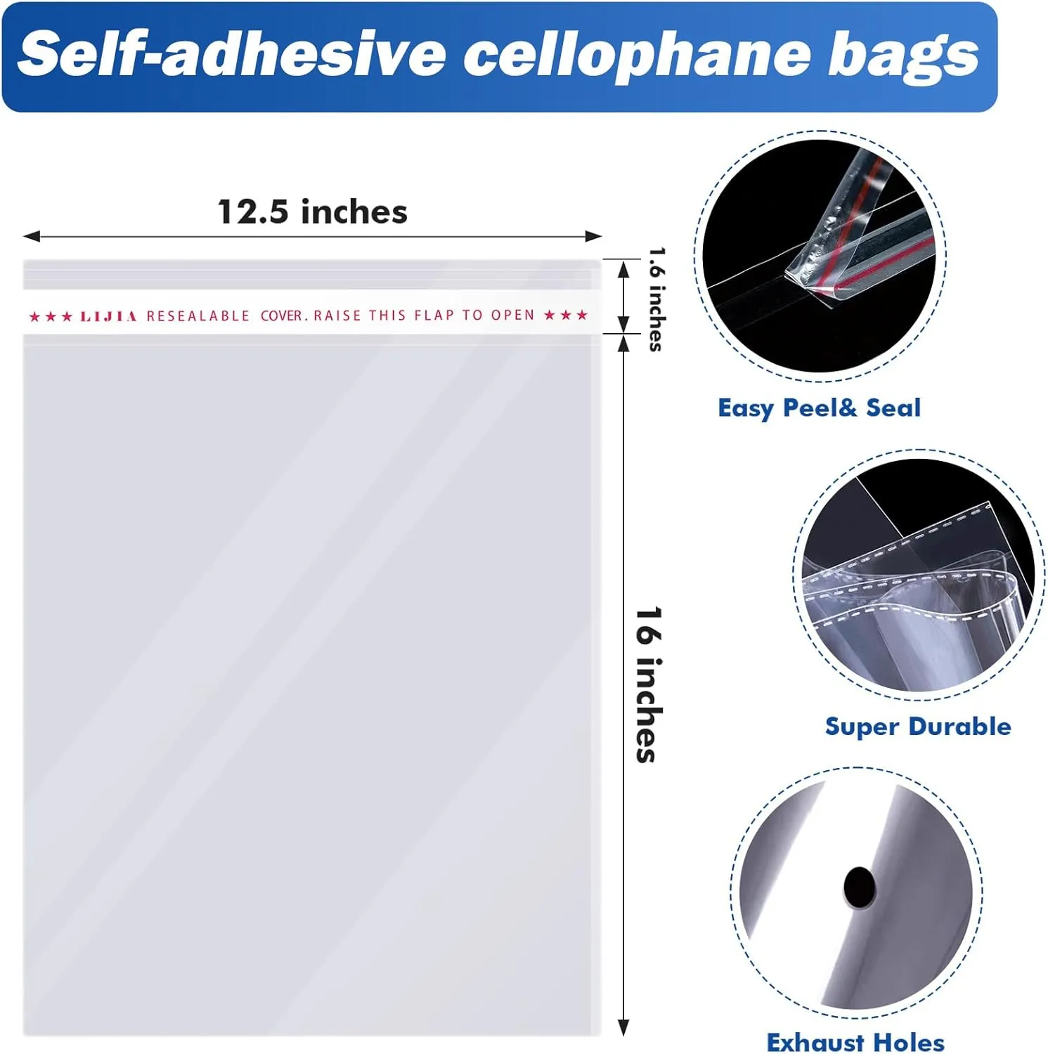 12x16 inches Large Clear Resealable Cellophane Bags for Packaging Products 300ct Plastic Self-sealing Gift Bags Self Adhesive Bags for Gifts,Clothes, Small Business, Thank you Stickers