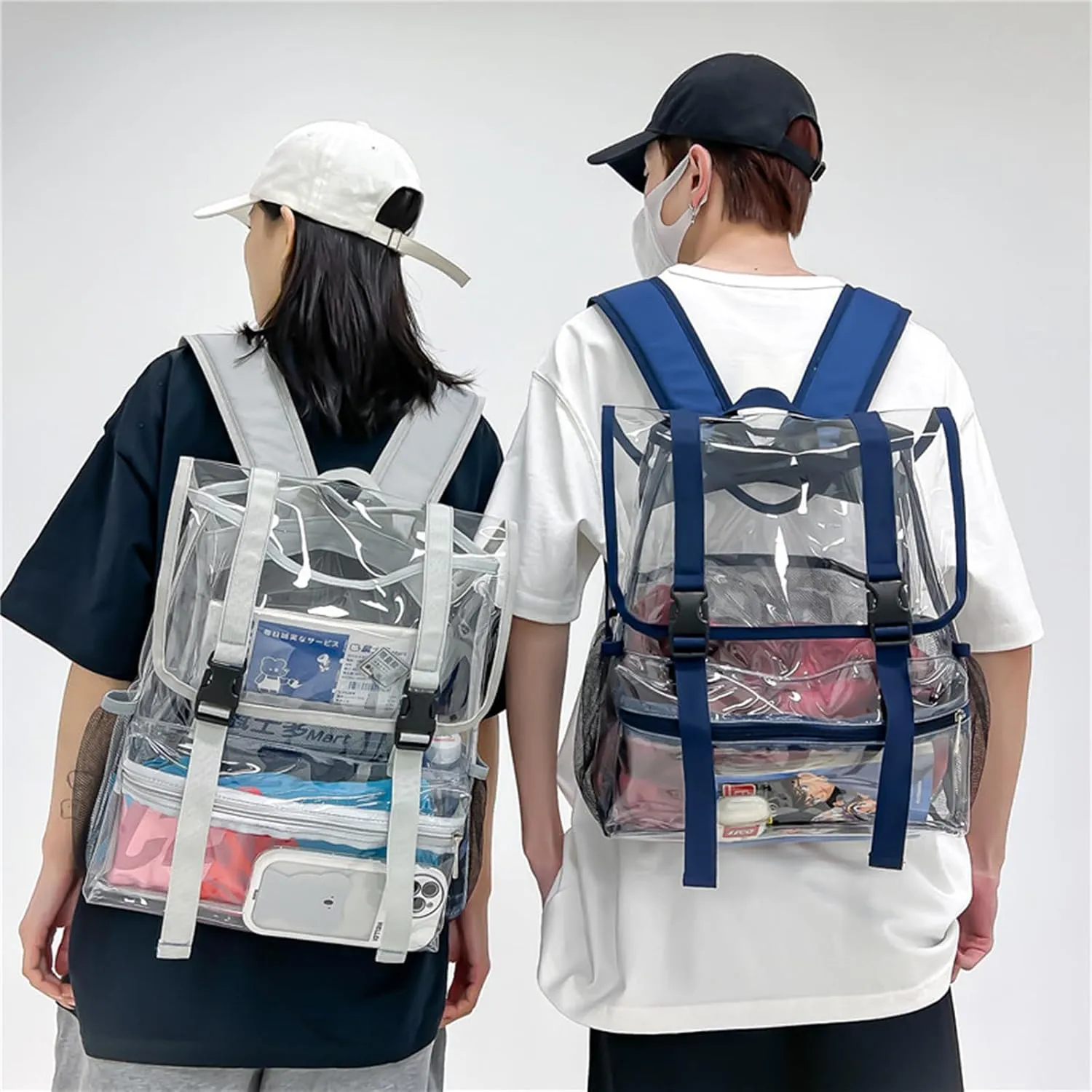 15'' Heavy Duty Clear Backpack,PVC See Through mochila for Sports, Work, Stadium, Security, Travel, College (Flip blue)
