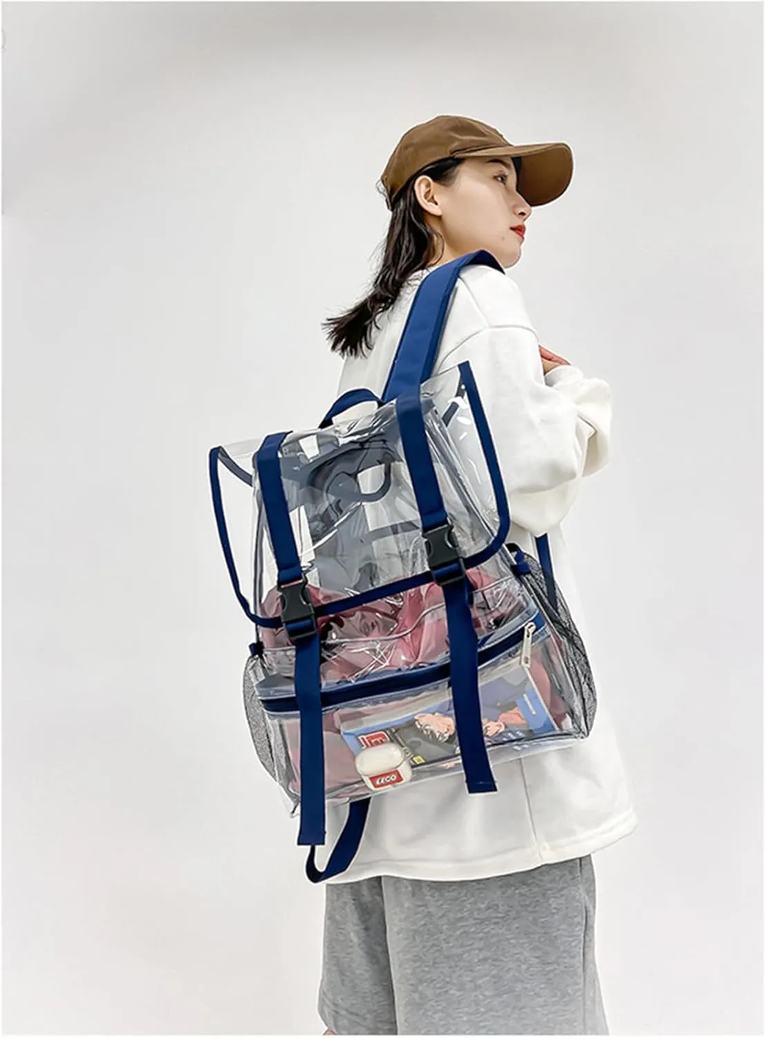 15'' Heavy Duty Clear Backpack,PVC See Through mochila for Sports, Work, Stadium, Security, Travel, College (Flip blue)