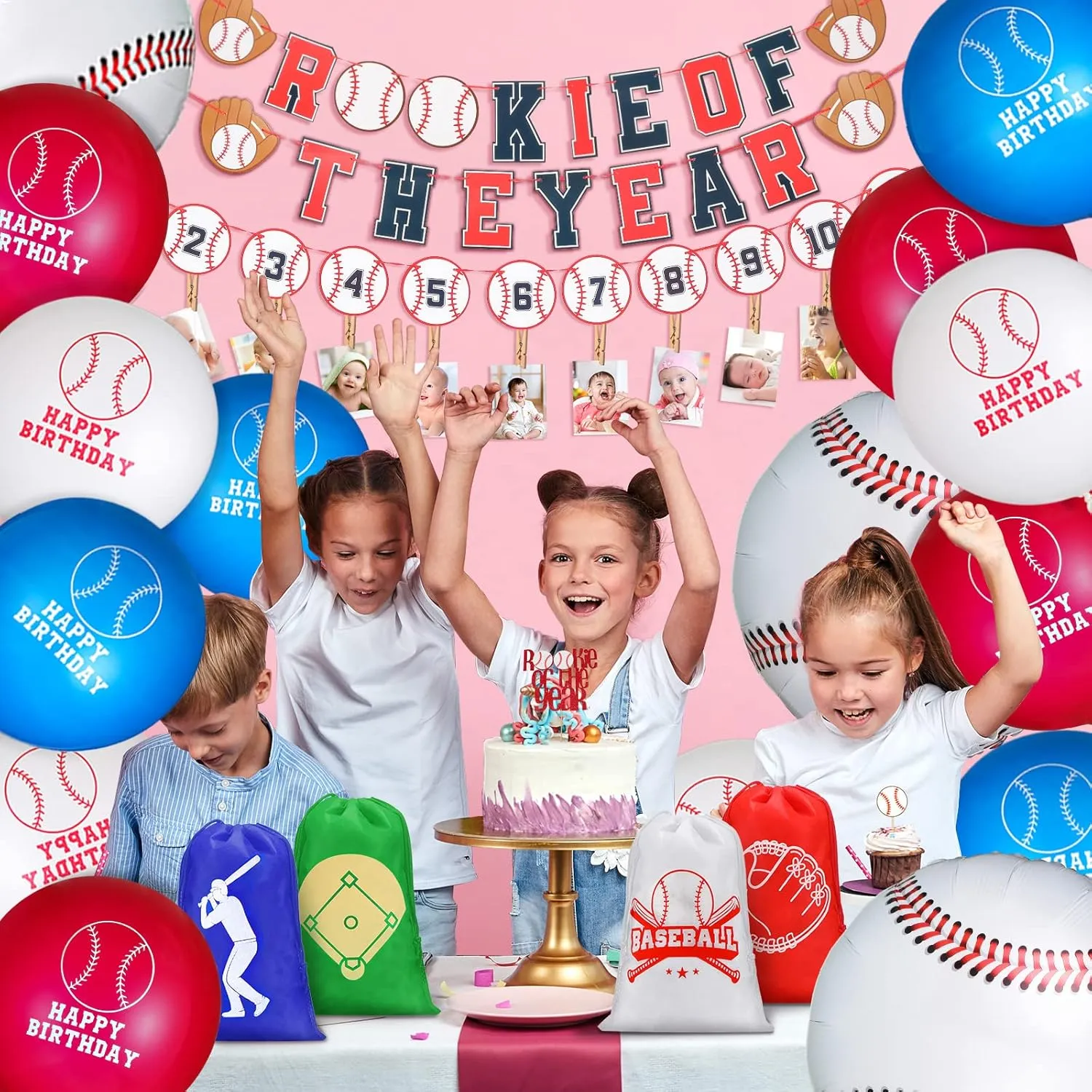 16 Pcs Baseball Party Favor Bag Kids Drawstring Baseball Bag, Non Woven Goodie & Treat Pack for Ball Themed Birthday Sports Party Gift, 12.6 x 8.7 Inches
