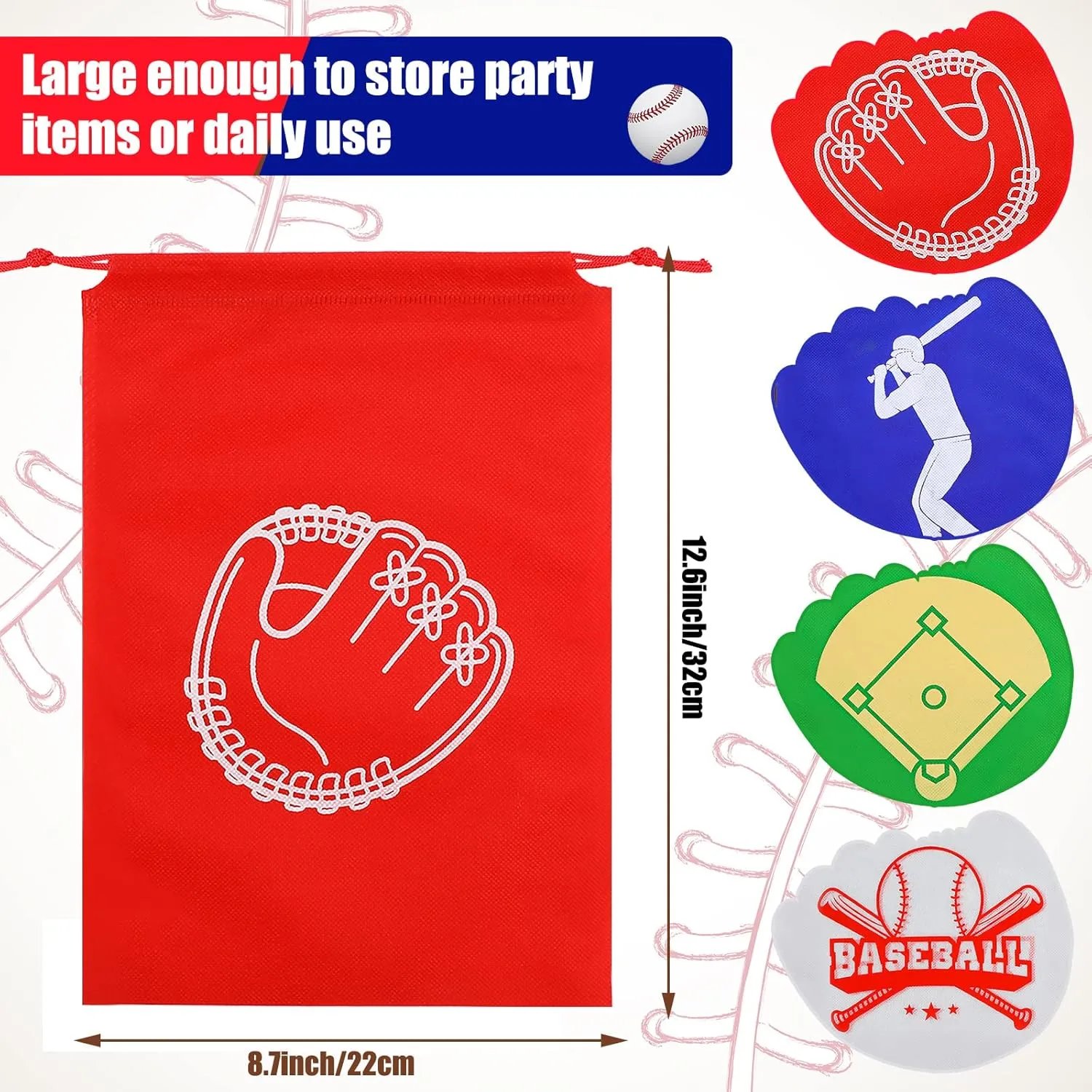 16 Pcs Baseball Party Favor Bag Kids Drawstring Baseball Bag, Non Woven Goodie & Treat Pack for Ball Themed Birthday Sports Party Gift, 12.6 x 8.7 Inches