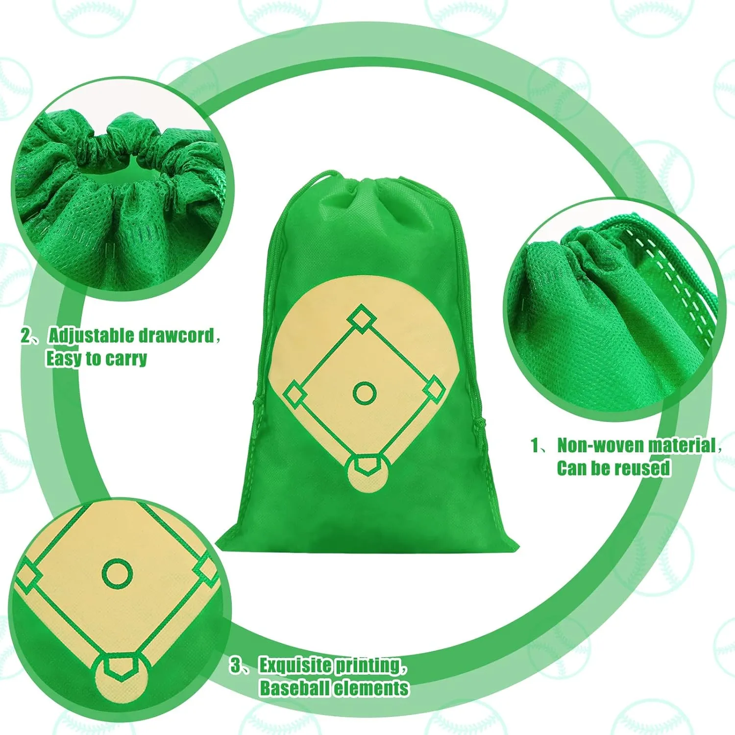 16 Pcs Baseball Party Favor Bag Kids Drawstring Baseball Bag, Non Woven Goodie & Treat Pack for Ball Themed Birthday Sports Party Gift, 12.6 x 8.7 Inches
