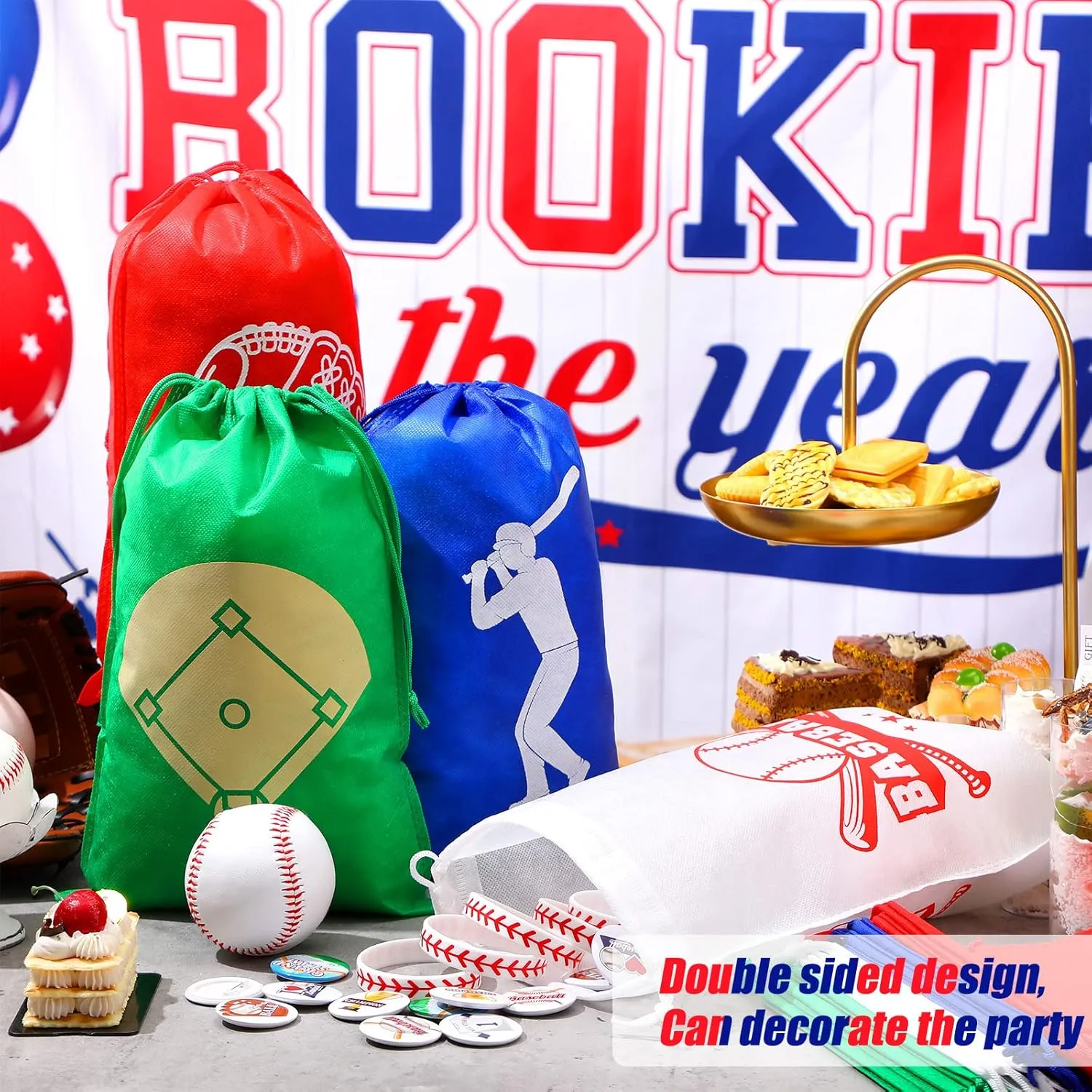 16 Pcs Baseball Party Favor Bag Kids Drawstring Baseball Bag, Non Woven Goodie & Treat Pack for Ball Themed Birthday Sports Party Gift, 12.6 x 8.7 Inches