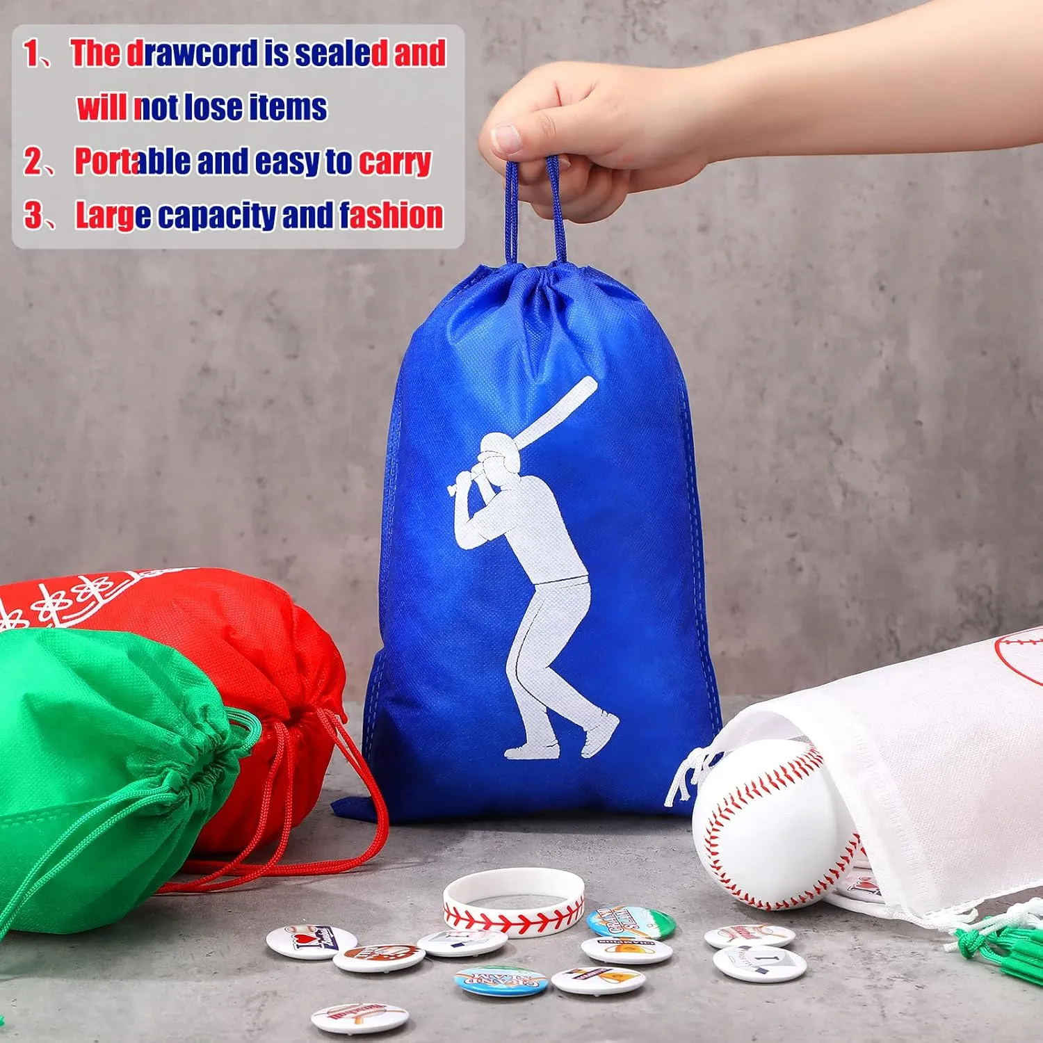16 Pcs Baseball Party Favor Bag Kids Drawstring Baseball Bag, Non Woven Goodie & Treat Pack for Ball Themed Birthday Sports Party Gift, 12.6 x 8.7 Inches
