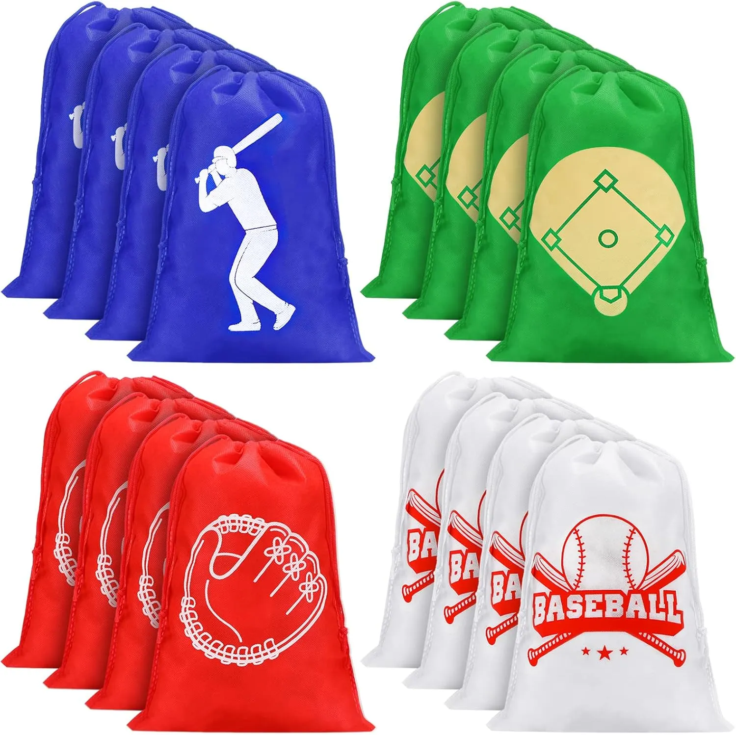16 Pcs Baseball Party Favor Bag Kids Drawstring Baseball Bag, Non Woven Goodie & Treat Pack for Ball Themed Birthday Sports Party Gift, 12.6 x 8.7 Inches