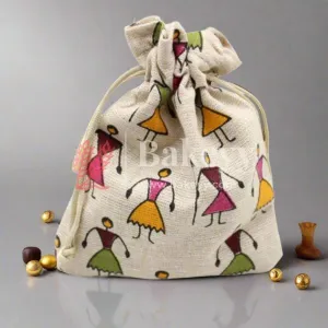16x20 CM | Original Printed | Printed Potli Jute Bag (Mixed Designs) | Gift Return Gifts Bags |  Drawstring Bags | Pack Of 10