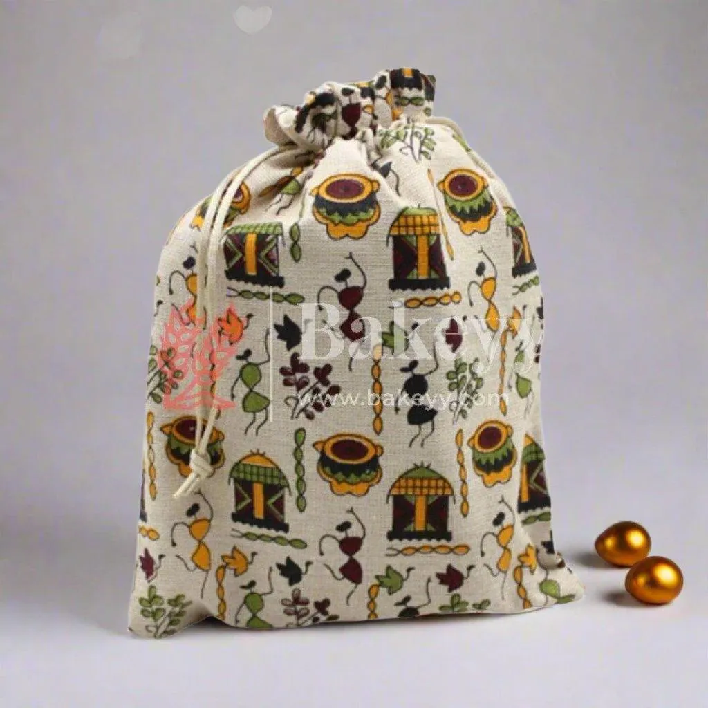 18x24 CM | Original Printed | Printed Potli Jute Bag (Mixed Designs) | Gift Return Gifts Bags |  Drawstring Bags | Pack Of 10