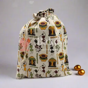 18x24 CM | Original Printed | Printed Potli Jute Bag (Mixed Designs) | Gift Return Gifts Bags |  Drawstring Bags | Pack Of 10