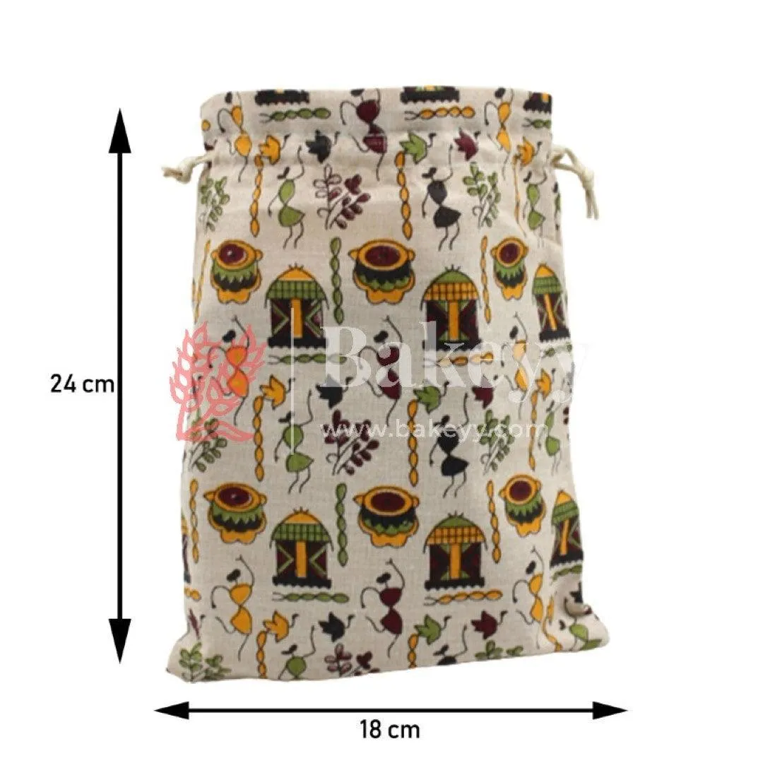 18x24 CM | Original Printed | Printed Potli Jute Bag (Mixed Designs) | Gift Return Gifts Bags |  Drawstring Bags | Pack Of 10