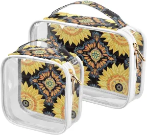 2 Pack clear Bohemian Retro Sunflower hanging toiletry bags TSA approved portable clear cosmetic bag travel essential