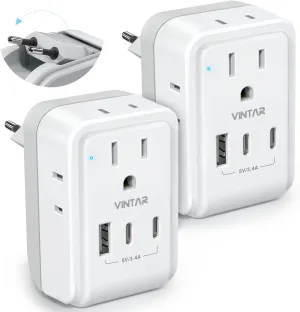 2 Pack European Travel Plug Adapter, VINTAR Foldable International Power Adapter with 4 AC Outlets 3 USB Ports(2 USB C), Type C Adaptor Charger for US to Most of Europe EU Italy Spain France Iceland