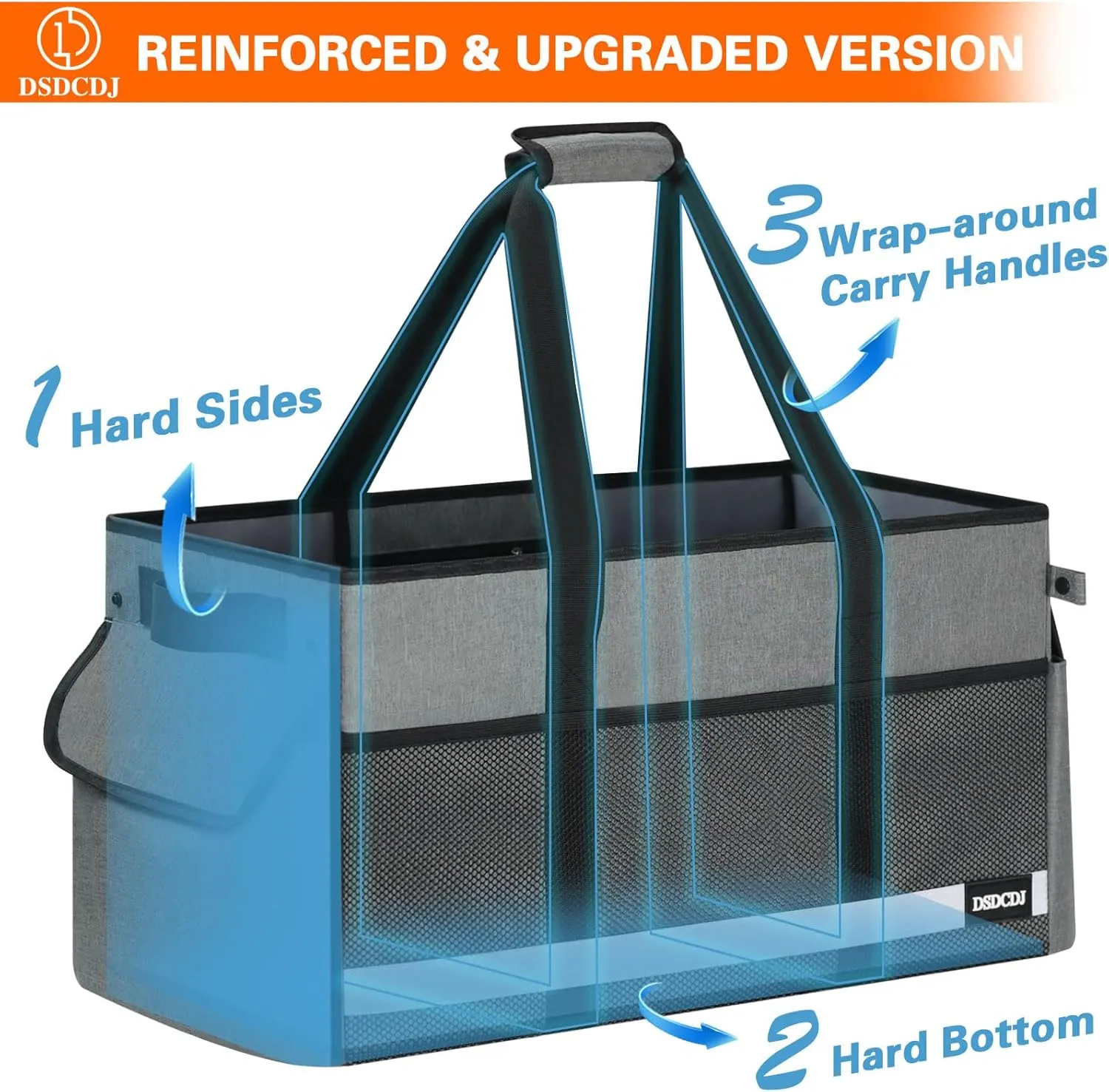 2 Pack Extra Large Utility Tote Bag with Reflective Strip, Standing Reusable Grocery Bags with Hard Bottom, Collapsible Utility Tote with Handles for Shopping, Beach, Picnics, Car, Grey