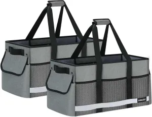 2 Pack Extra Large Utility Tote Bag with Reflective Strip, Standing Reusable Grocery Bags with Hard Bottom, Collapsible Utility Tote with Handles for Shopping, Beach, Picnics, Car, Grey