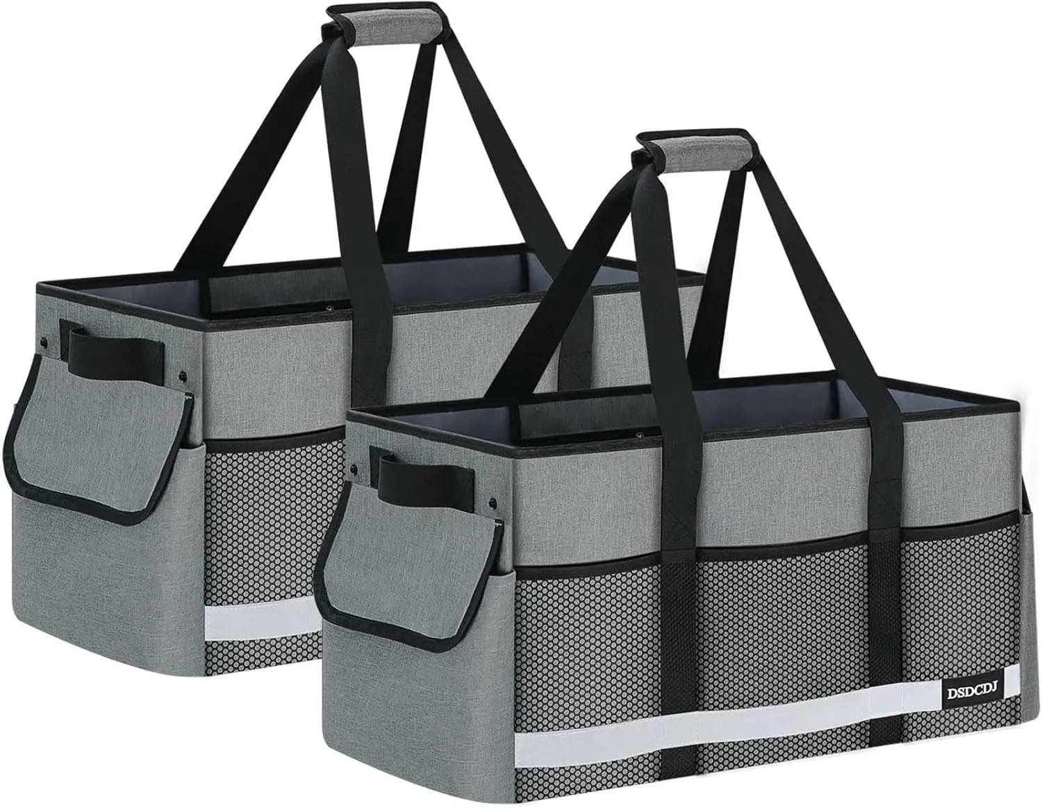 2 Pack Extra Large Utility Tote Bag with Reflective Strip, Standing Reusable Grocery Bags with Hard Bottom, Collapsible Utility Tote with Handles for Shopping, Beach, Picnics, Car, Grey