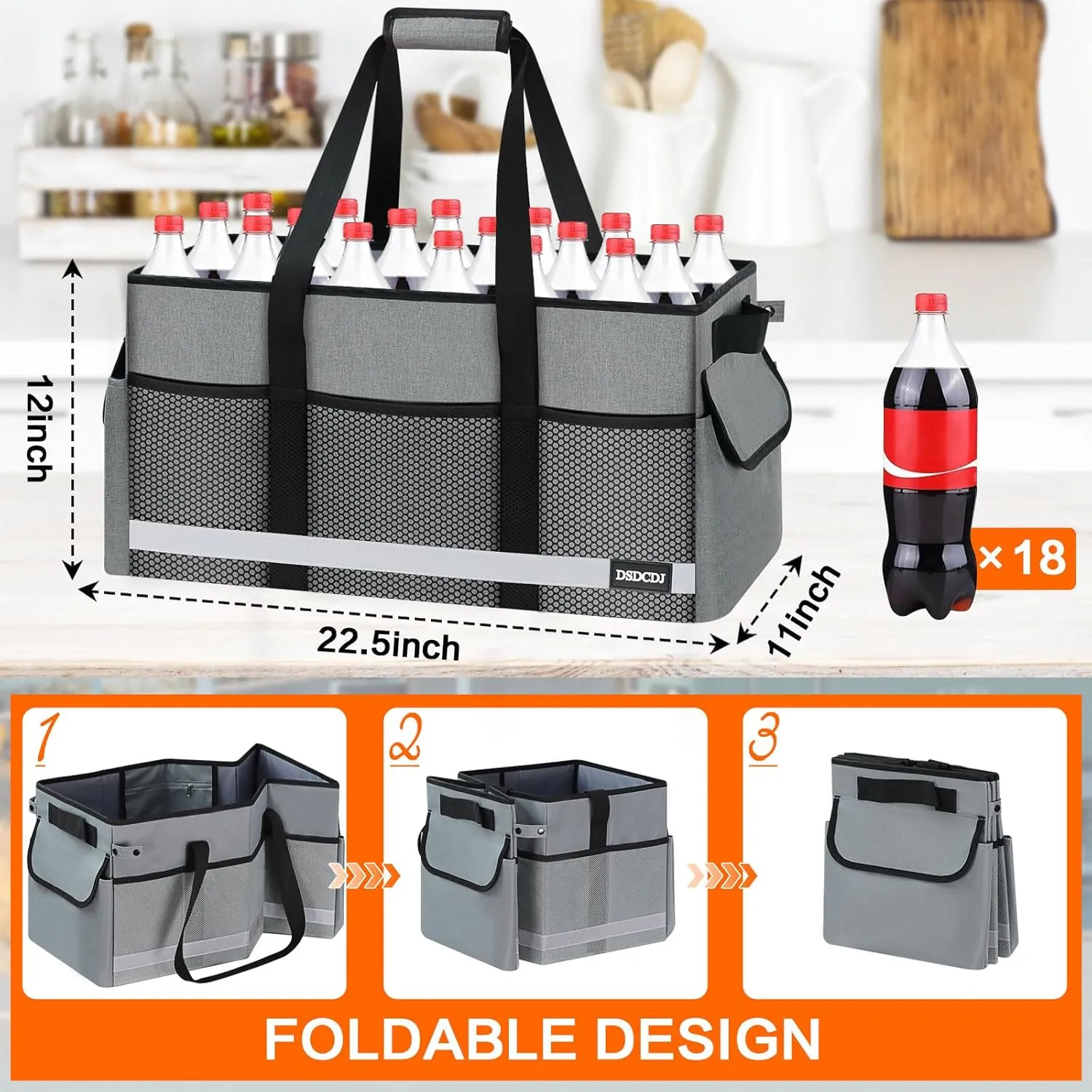 2 Pack Extra Large Utility Tote Bag with Reflective Strip, Standing Reusable Grocery Bags with Hard Bottom, Collapsible Utility Tote with Handles for Shopping, Beach, Picnics, Car, Grey