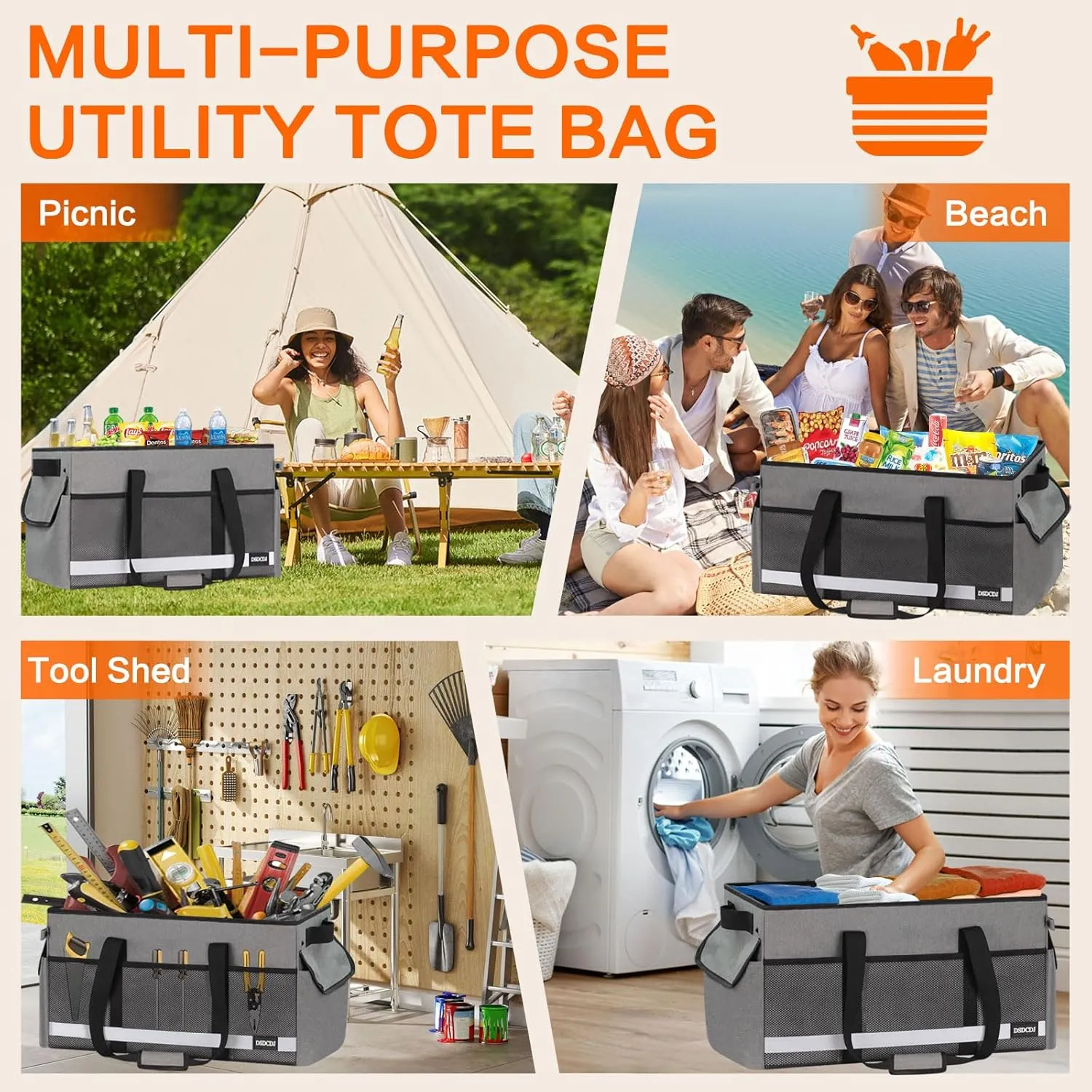 2 Pack Extra Large Utility Tote Bag with Reflective Strip, Standing Reusable Grocery Bags with Hard Bottom, Collapsible Utility Tote with Handles for Shopping, Beach, Picnics, Car, Grey
