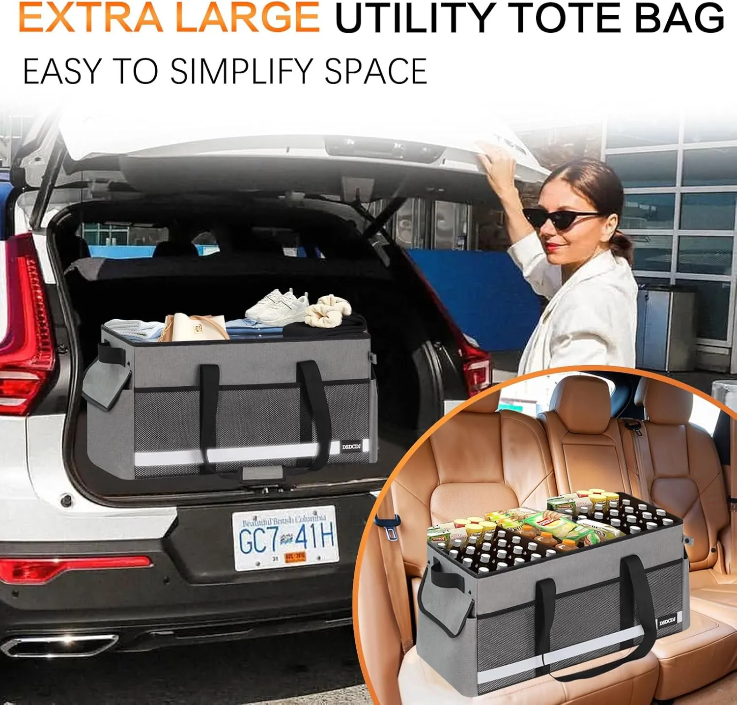 2 Pack Extra Large Utility Tote Bag with Reflective Strip, Standing Reusable Grocery Bags with Hard Bottom, Collapsible Utility Tote with Handles for Shopping, Beach, Picnics, Car, Grey