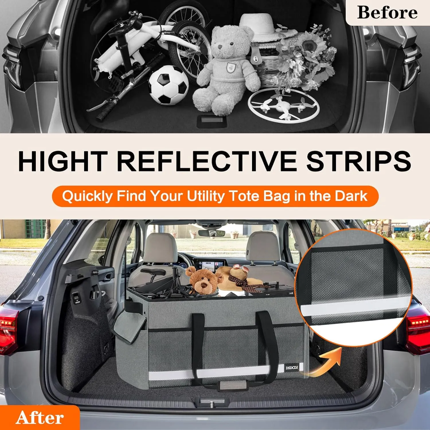 2 Pack Extra Large Utility Tote Bag with Reflective Strip, Standing Reusable Grocery Bags with Hard Bottom, Collapsible Utility Tote with Handles for Shopping, Beach, Picnics, Car, Grey