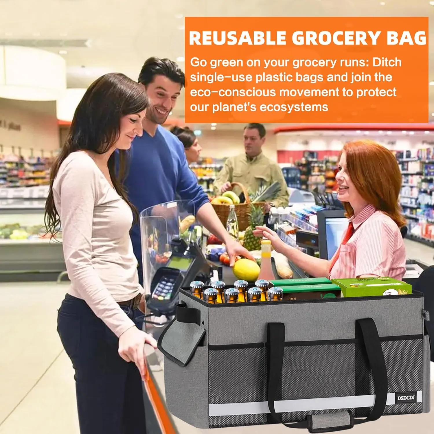 2 Pack Extra Large Utility Tote Bag with Reflective Strip, Standing Reusable Grocery Bags with Hard Bottom, Collapsible Utility Tote with Handles for Shopping, Beach, Picnics, Car, Grey
