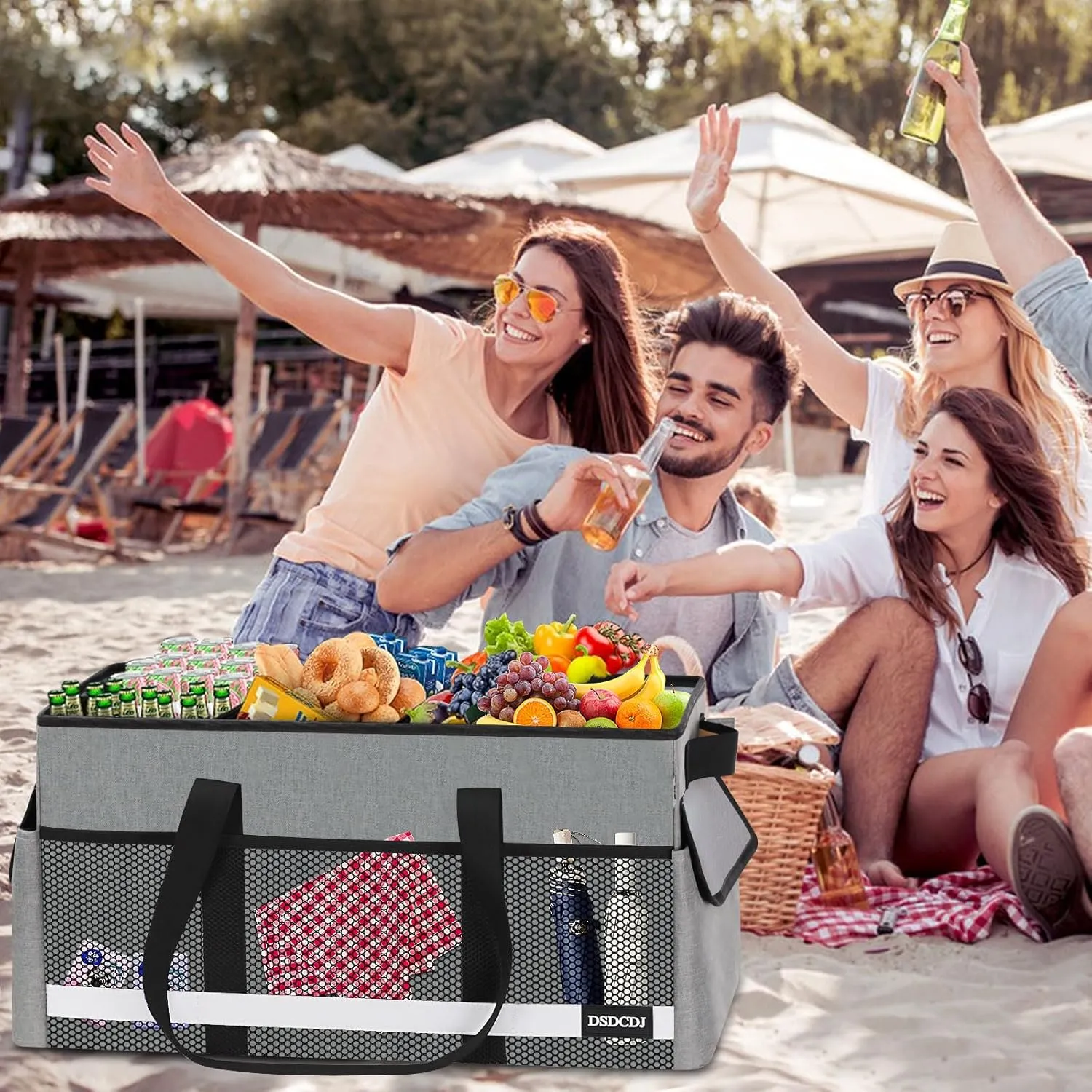 2 Pack Extra Large Utility Tote Bag with Reflective Strip, Standing Reusable Grocery Bags with Hard Bottom, Collapsible Utility Tote with Handles for Shopping, Beach, Picnics, Car, Grey