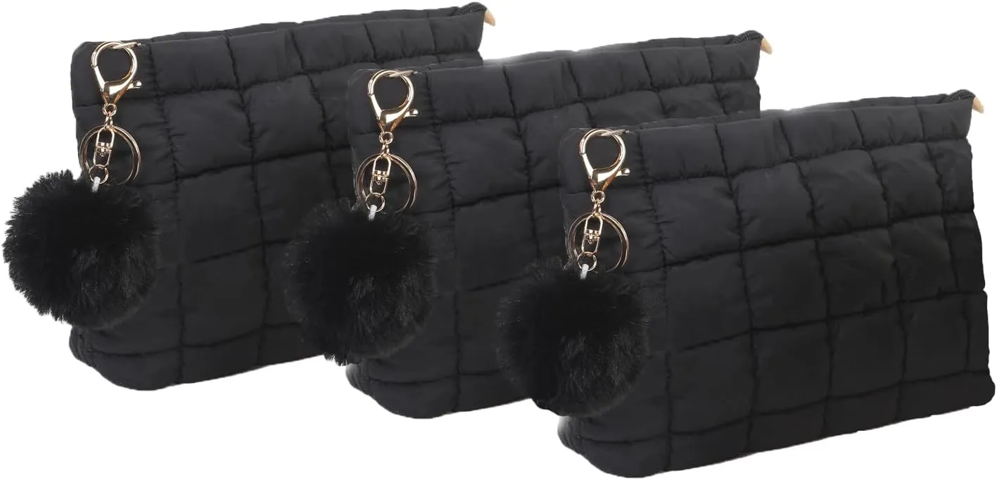 2 Pcs Makeup Bag Travel Cosmetic Bag Makeup Pouch Quilted Bags for Women Toiletry Organizer Pouches (Black Black Black)