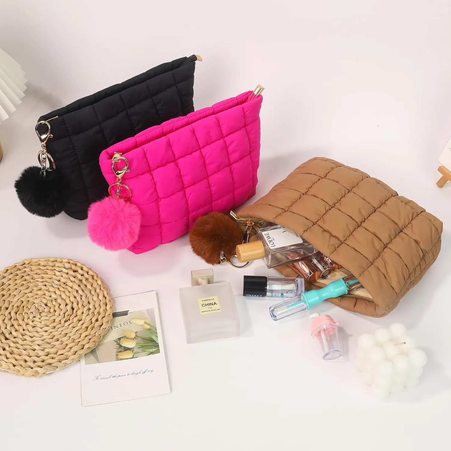 2 Pcs Makeup Bag Travel Cosmetic Bag Makeup Pouch Quilted Bags for Women Toiletry Organizer Pouches (Rose)