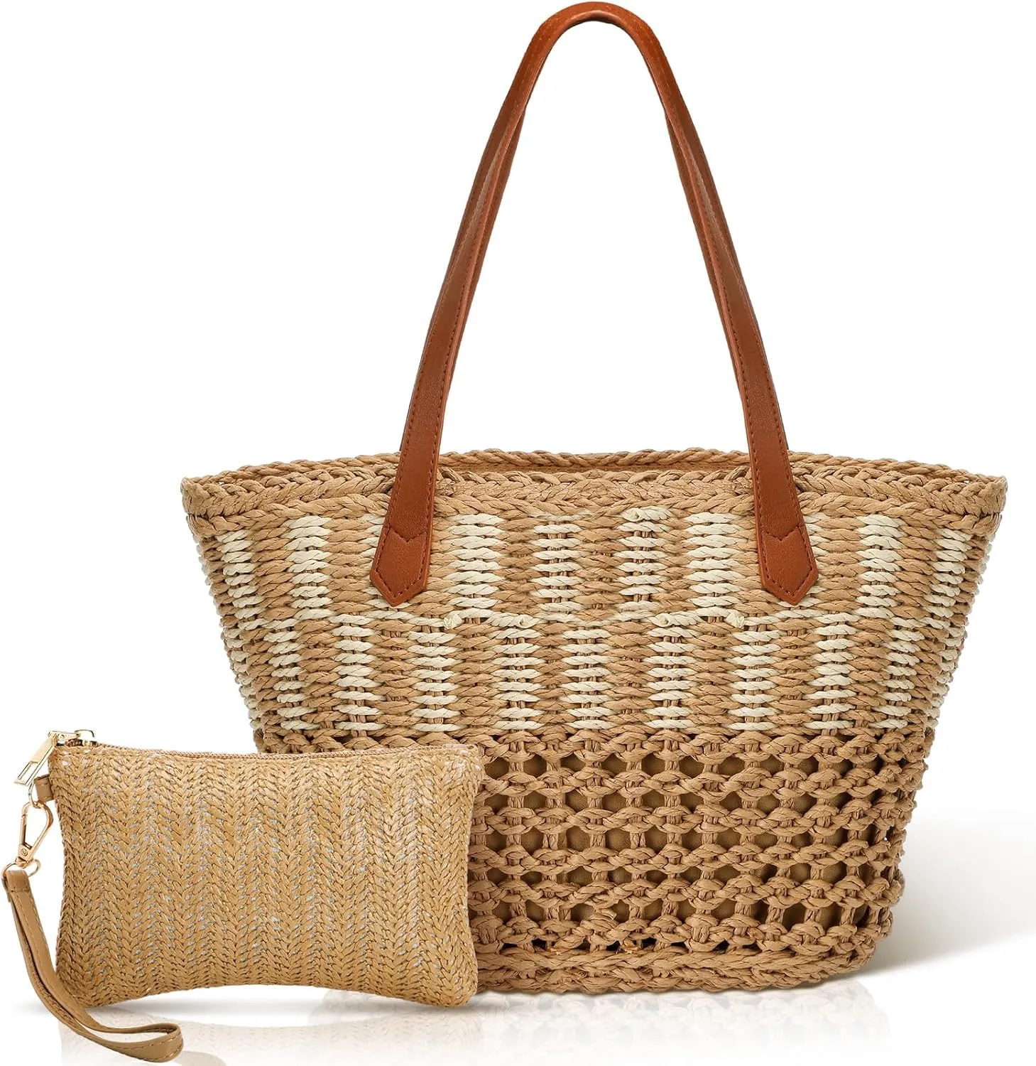 2 Pcs Woven Beach Bags Set Straw Beach Totes Bags Boho Straw Purses Handbags for Women Small Summer Tote Bags Shoulder Bag