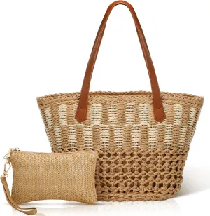 2 Pcs Woven Beach Bags Set Straw Beach Totes Bags Boho Straw Purses Handbags for Women Small Summer Tote Bags Shoulder Bag