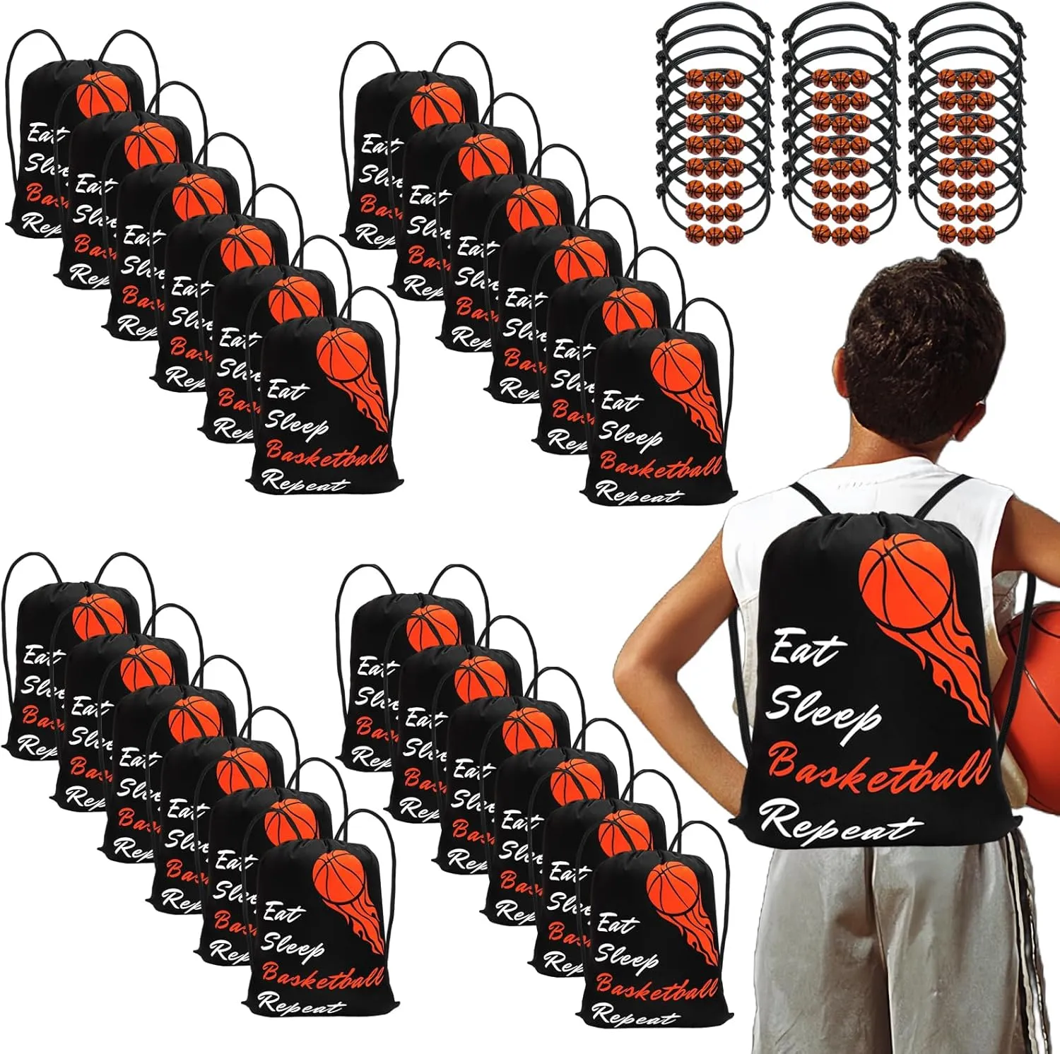 24 Pcs Soccer Basketball Bags & 24 Pcs Ball Bracelets, Draw String Bags Pack Bulk for Kids Sports Party Favors