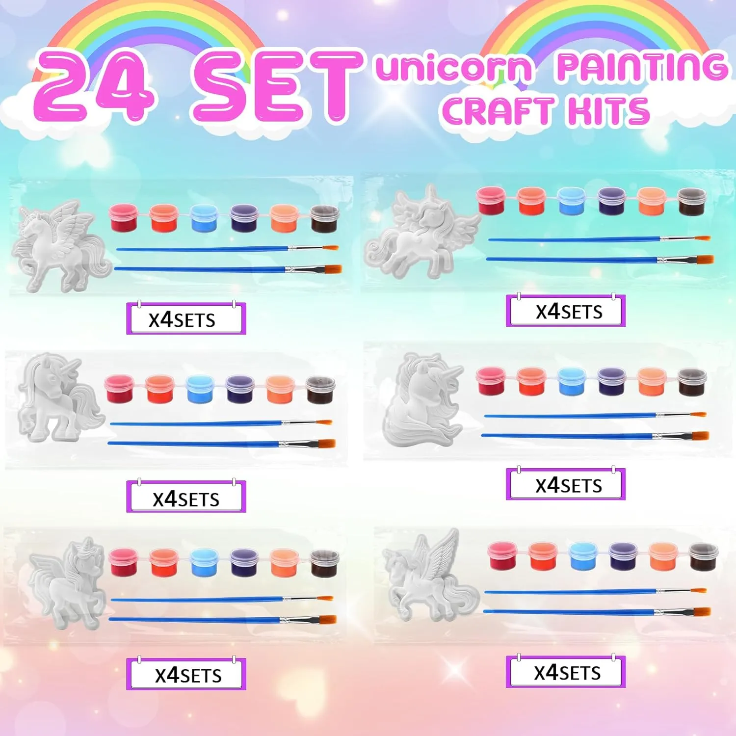 24 Set Unicorn DIY Painting Kit Ceramic to Paint Your Own Unicorn Statues Unpainted Plaster Figurines with Brushes Acrylic Bags Arts and Crafts Kits Party Favor for Adults