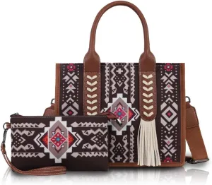 2pcs Boho Tote Bag Set Large Capacity Tassel Handbag & Crossbody Purse for Women, Retro Ethnic Shoulder Bag for Travel & Work