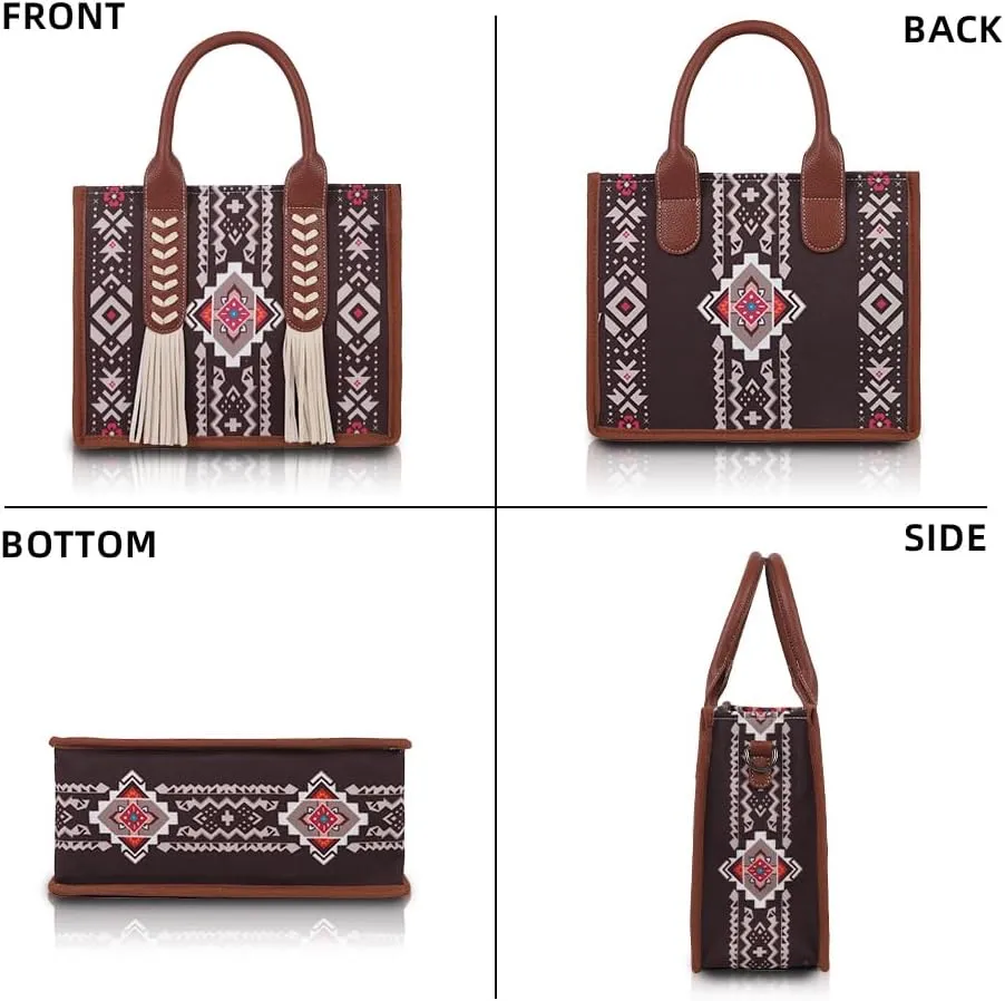 2pcs Boho Tote Bag Set Large Capacity Tassel Handbag & Crossbody Purse for Women, Retro Ethnic Shoulder Bag for Travel & Work