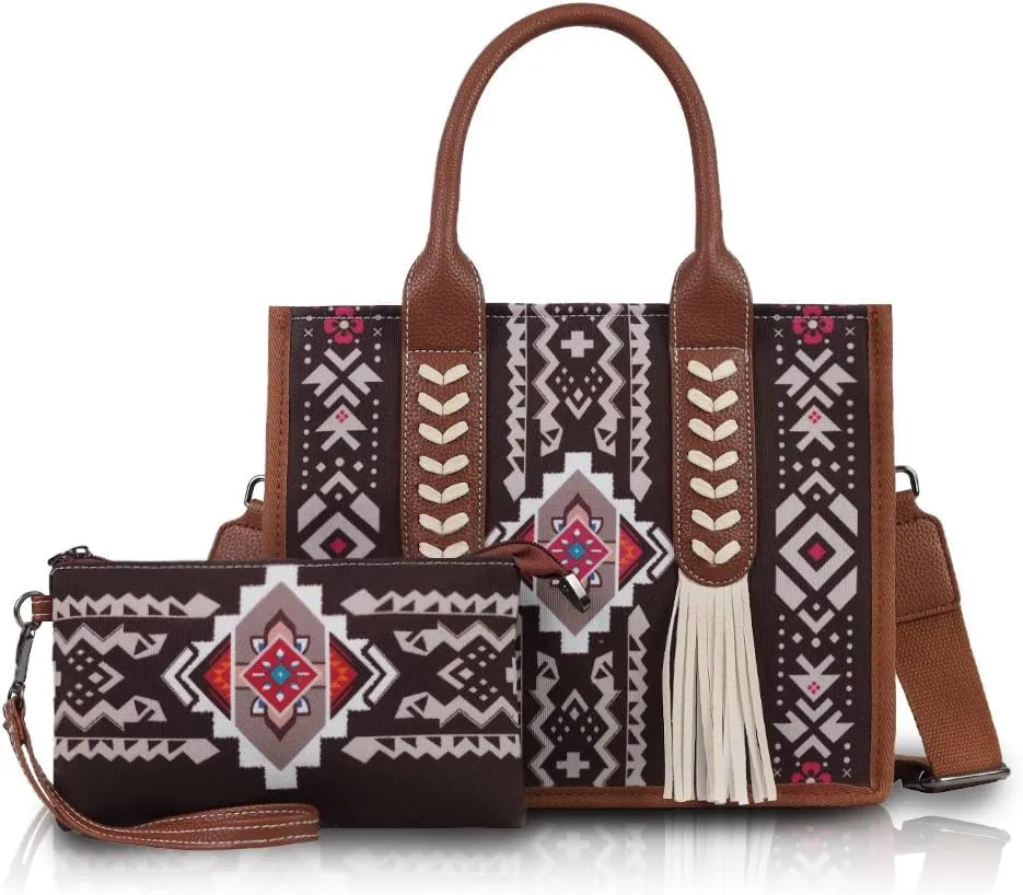 2pcs Boho Tote Bag Set Large Capacity Tassel Handbag & Crossbody Purse for Women, Retro Ethnic Shoulder Bag for Travel & Work
