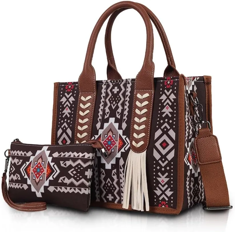 2pcs Boho Tote Bag Set Large Capacity Tassel Handbag & Crossbody Purse for Women, Retro Ethnic Shoulder Bag for Travel & Work