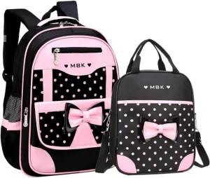 2Pcs Princess Bow Girls Backpack 2-Piece Elementary School Bag Kids School Travel Bag Set