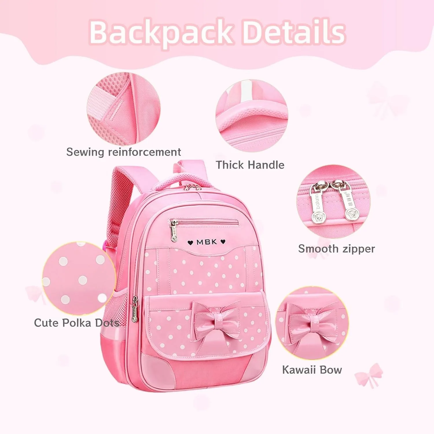 2Pcs Princess Bow Girls Backpack 2-Piece Elementary School Bag Kids School Travel Bag Set