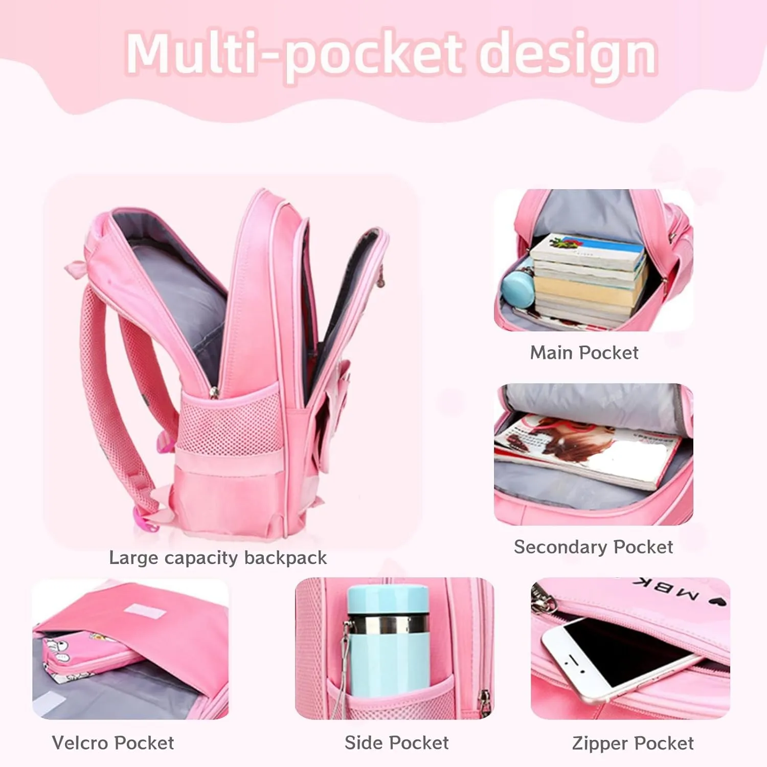 2Pcs Princess Bow Girls Backpack 2-Piece Elementary School Bag Kids School Travel Bag Set