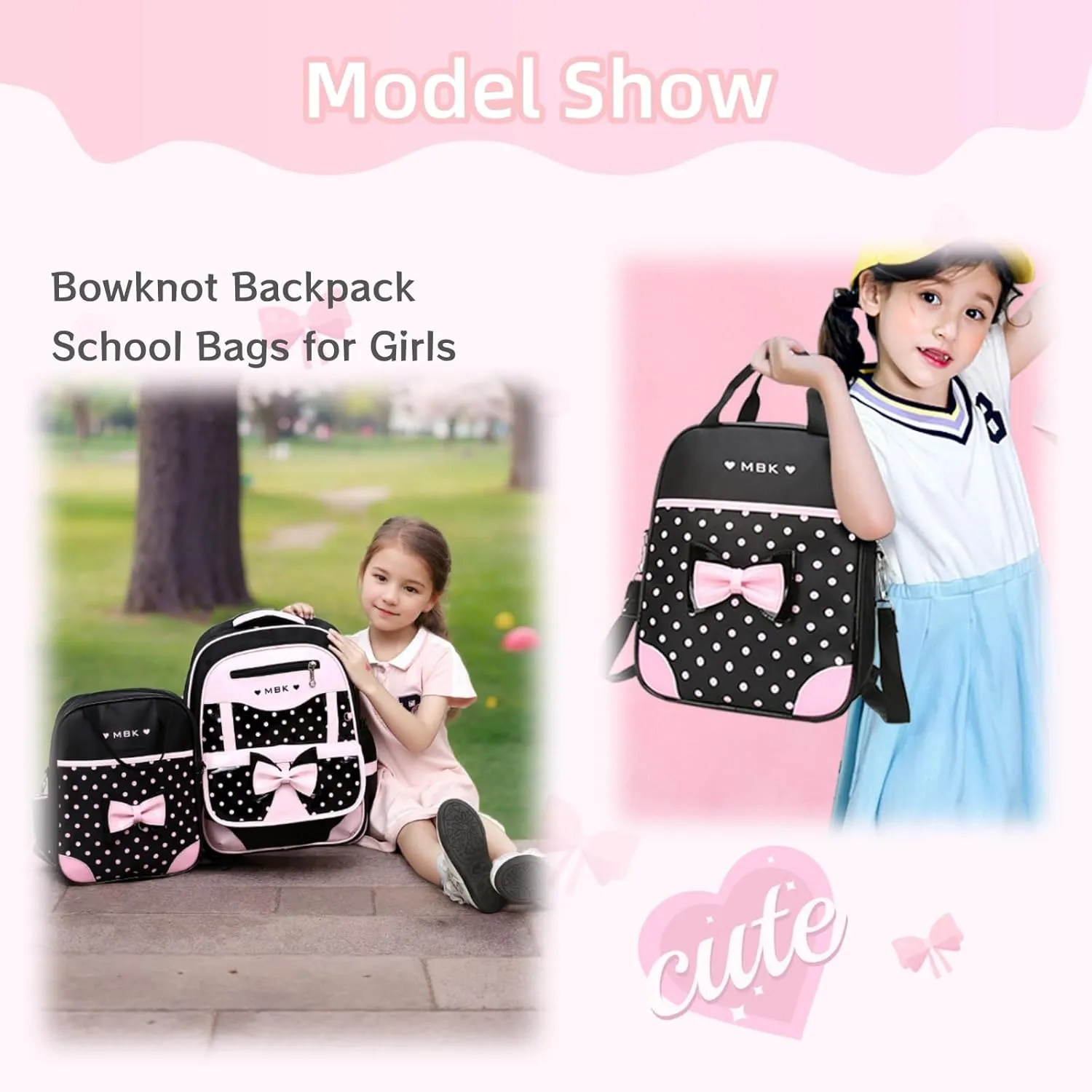 2Pcs Princess Bow Girls Backpack 2-Piece Elementary School Bag Kids School Travel Bag Set