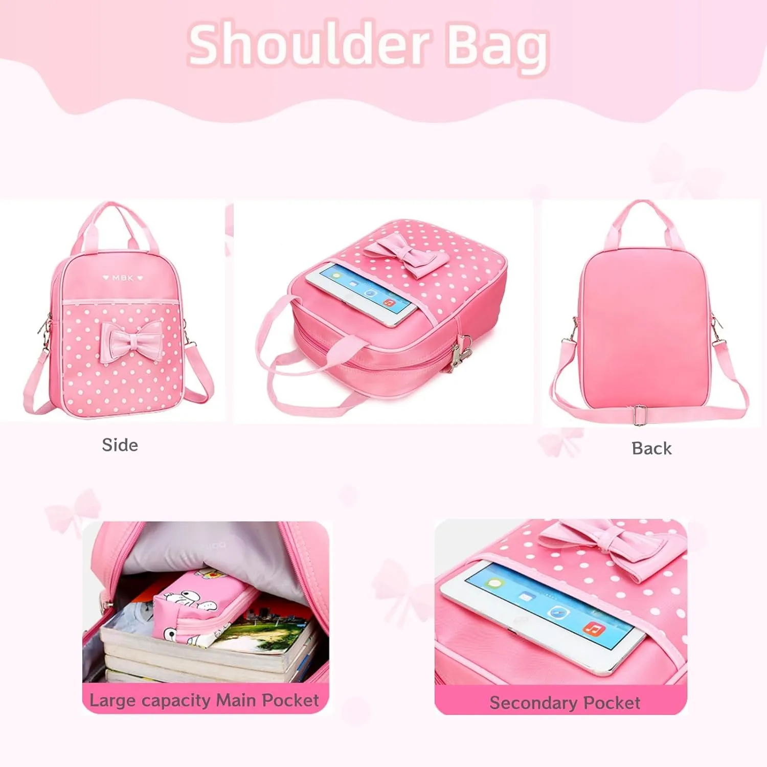 2Pcs Princess Bow Girls Backpack 2-Piece Elementary School Bag Kids School Travel Bag Set