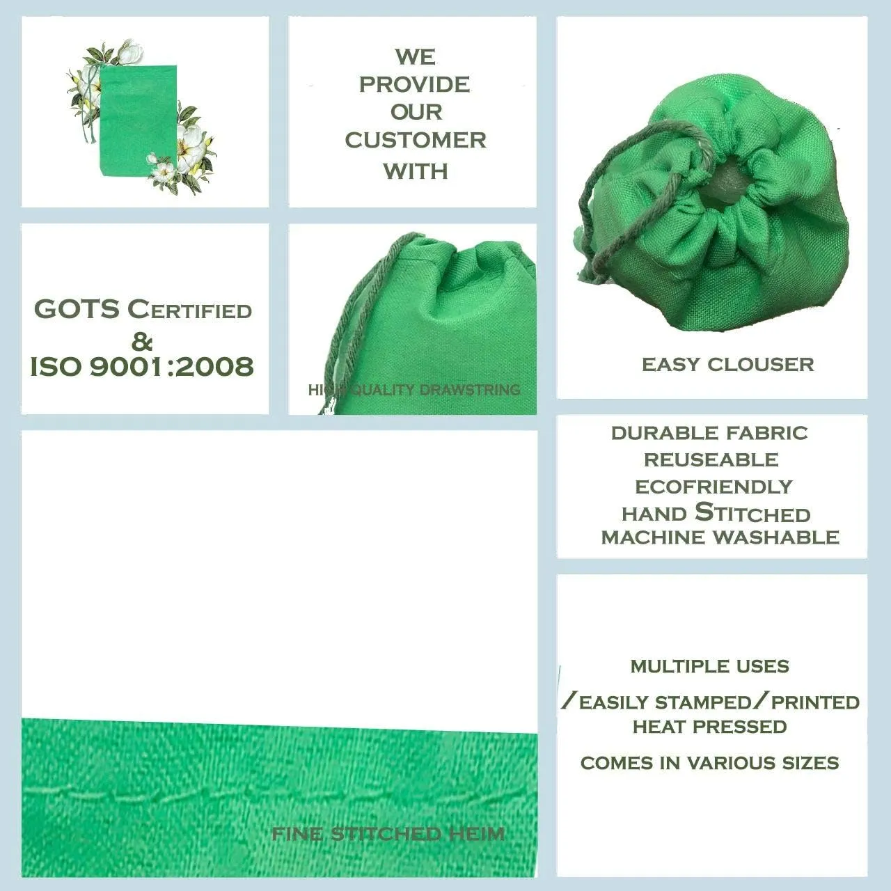 2x3 inches Color Full Cotton Bags, Reusable And Biodegradable Produce Muslin Drawstring Bags Pack Of 25 (Green)