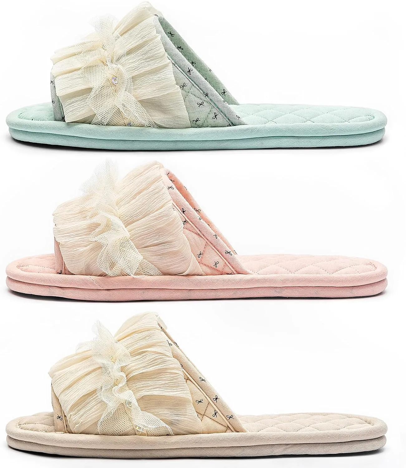 3 Pairs Floral Cotton House Slippers for Women, Open Toe Indoor Slippers Comfortable Washable Portable Foldable Guest Travel Hotel Airplane Spa Slippers