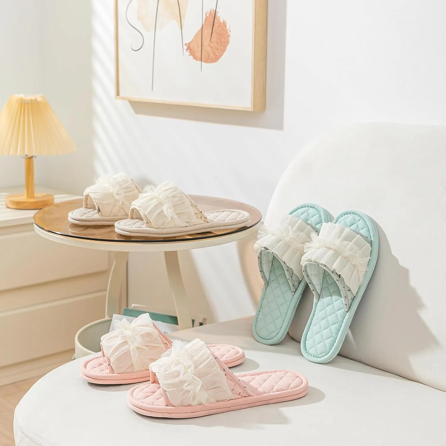 3 Pairs Floral Cotton House Slippers for Women, Open Toe Indoor Slippers Comfortable Washable Portable Foldable Guest Travel Hotel Airplane Spa Slippers