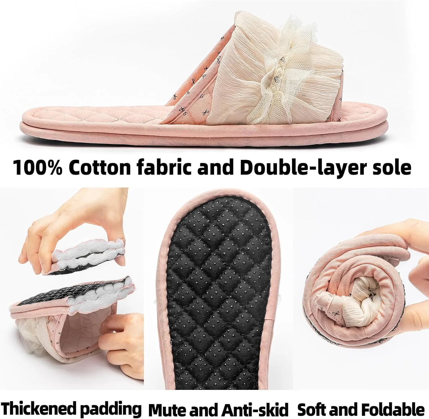 3 Pairs Floral Cotton House Slippers for Women, Open Toe Indoor Slippers Comfortable Washable Portable Foldable Guest Travel Hotel Airplane Spa Slippers