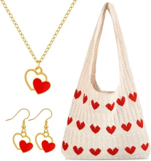 3 Pcs Heart Beach Tote Bag for Women Cute Necklace and Earrings for Women Y2k Accessories